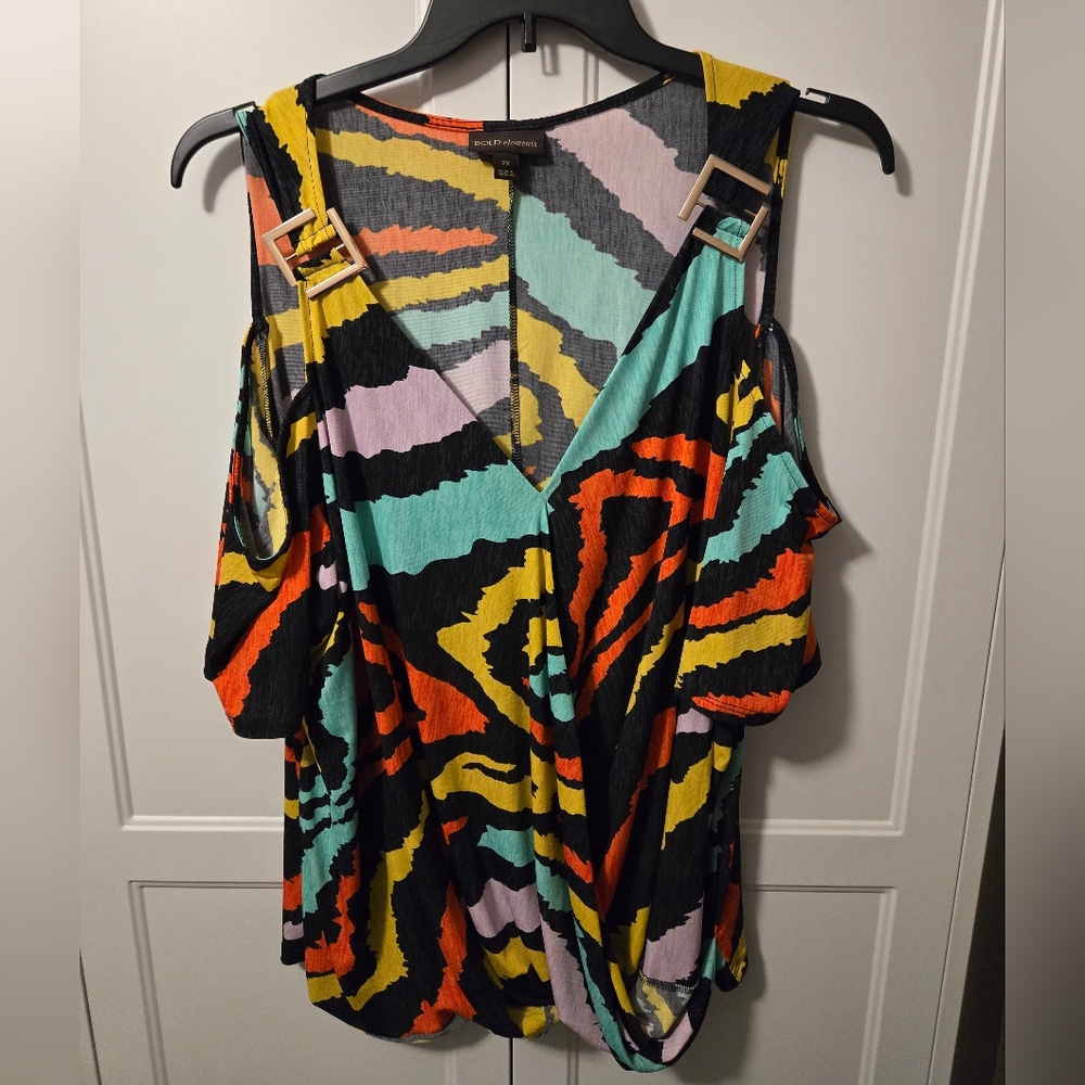 Bold Elements Bright Print Cold-shoulder Blouse Size 2X